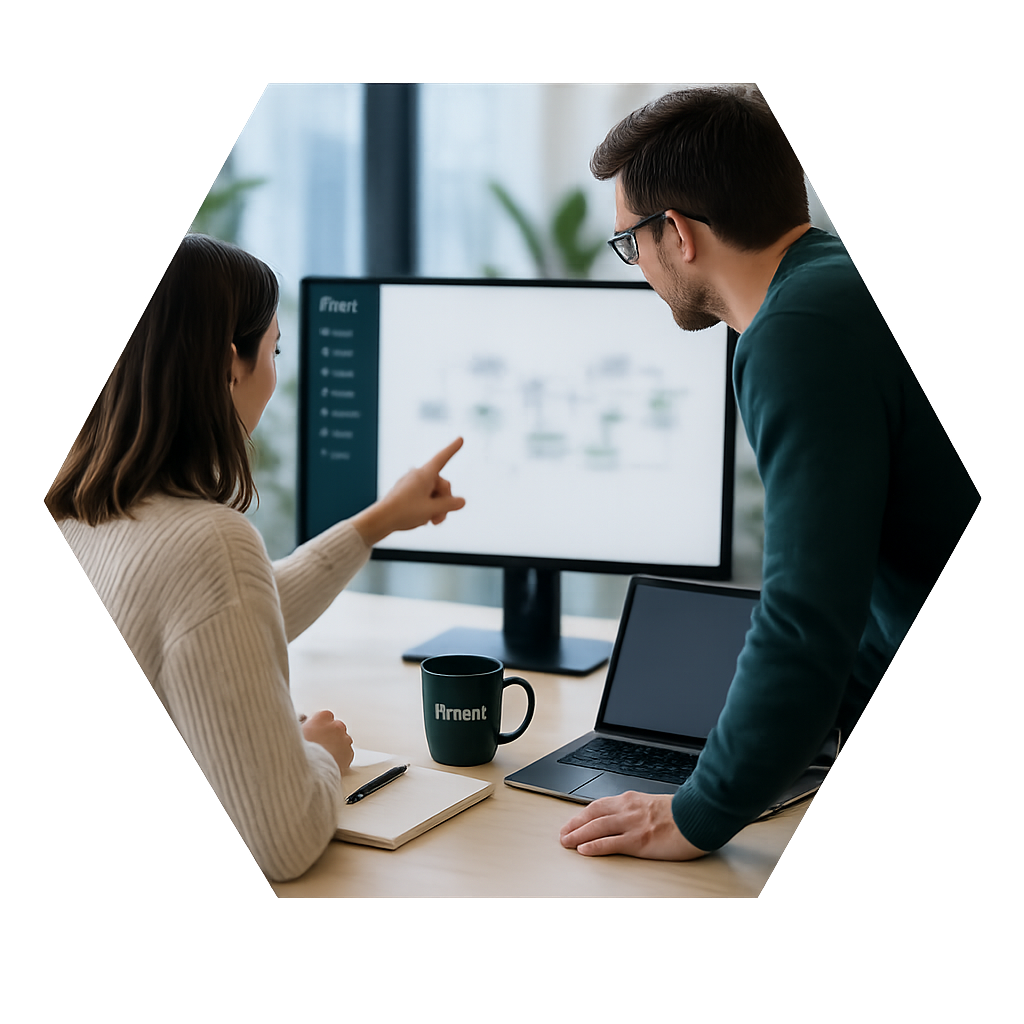 Två personer går igenom ett digitalt arbetsflöde